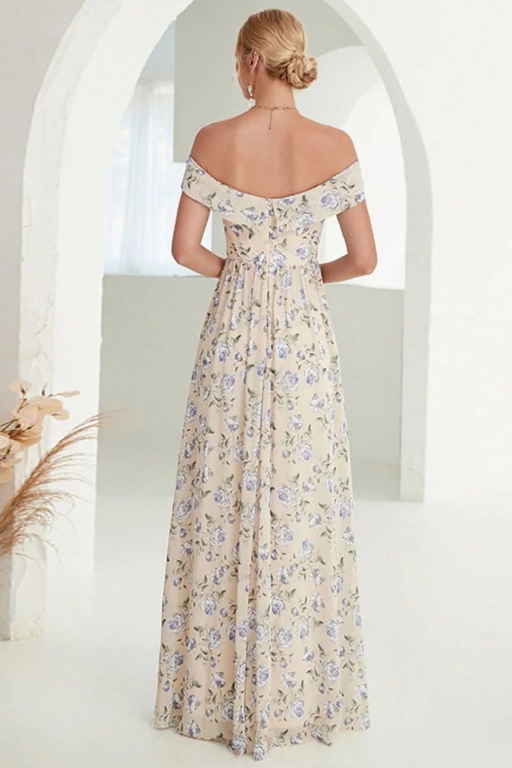 Beige Off-the-Shoulder Floral Maxi Dress with Thigh-High Slit