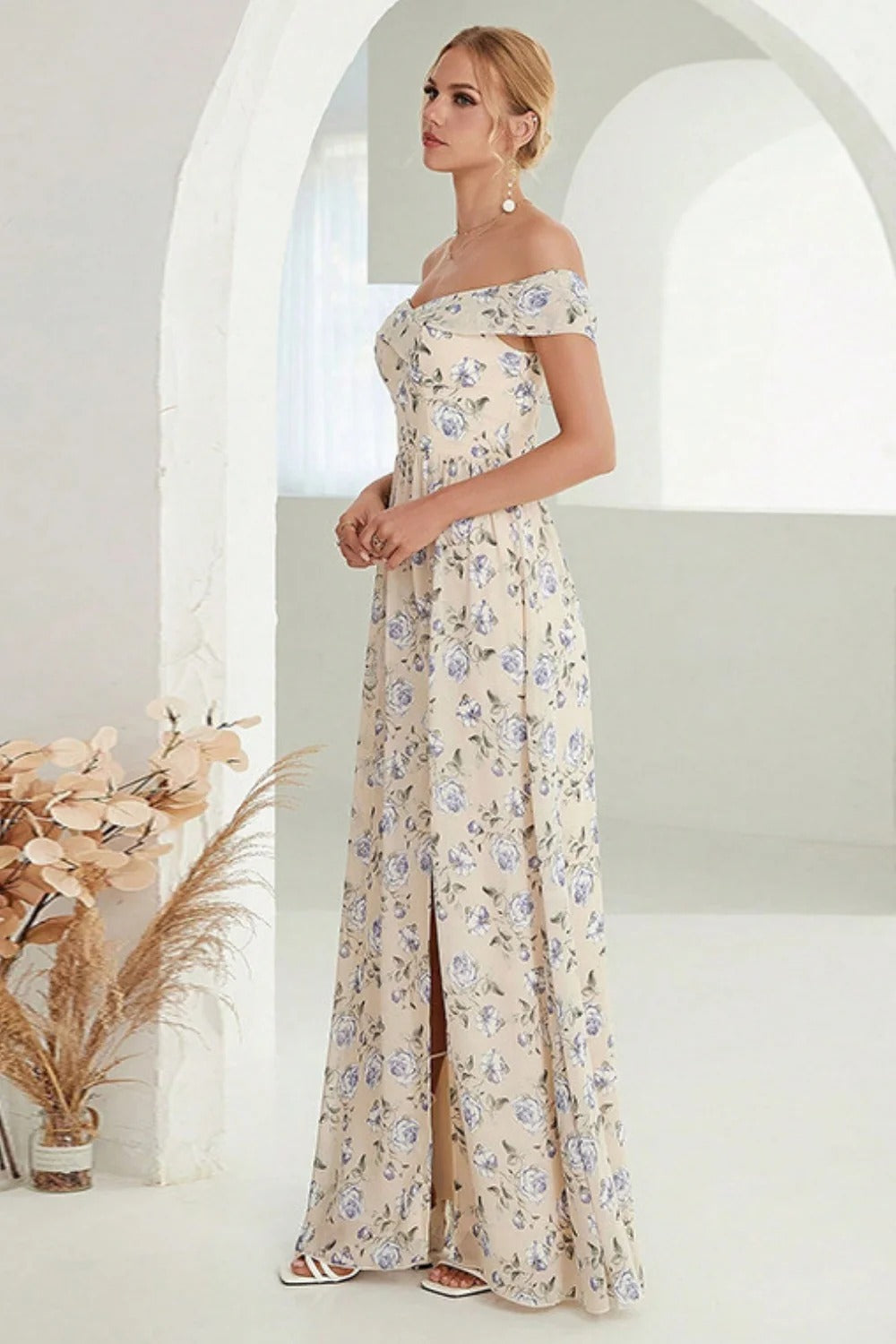 Beige Off-the-Shoulder Floral Maxi Dress with Thigh-High Slit