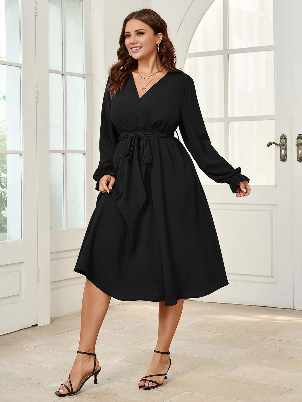Vestido de noche de talla grande, vestido de largo medio de invierno, manga larga, cruzado, escote en V, cinturón, vestido de fiesta fluido de corte A