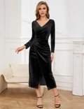 Elegant Black Velvet V-Neck Sheath/Column Midi Dress with Draped Wrap Skirt and High Slit