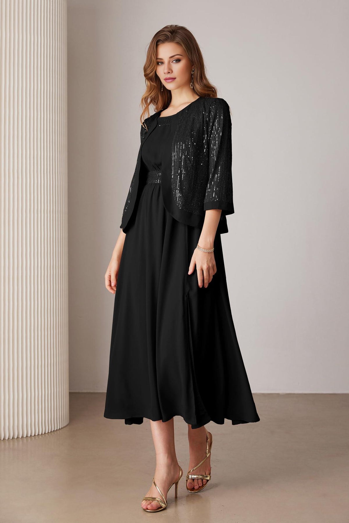 Black Chiffon A-Line Midi Evening Dress with Square Neck & Sequin Jacket