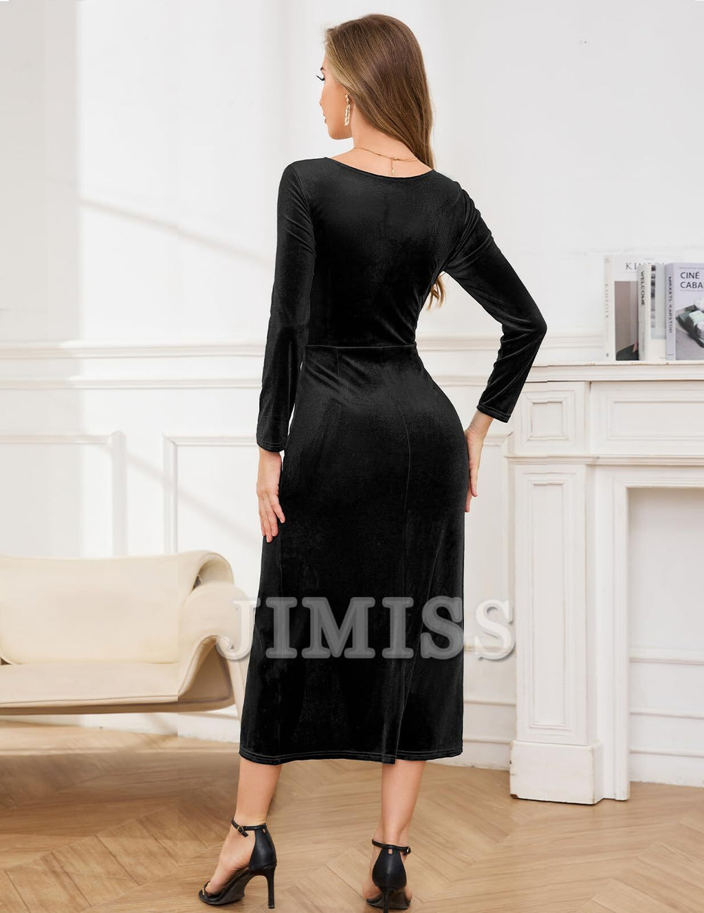 Elegant Black Velvet V-Neck Sheath/Column Midi Dress with Draped Wrap Skirt and High Slit