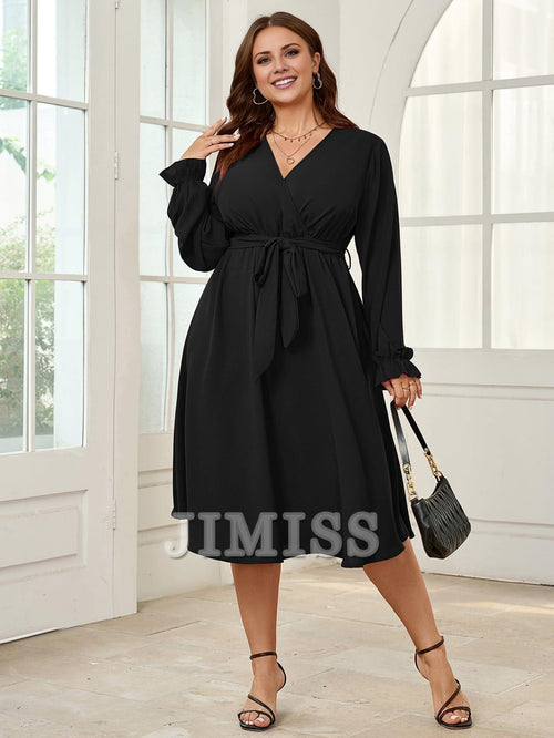 Vestido de noche de talla grande, vestido de largo medio de invierno, manga larga, cruzado, escote en V, cinturón, vestido de fiesta fluido de corte A