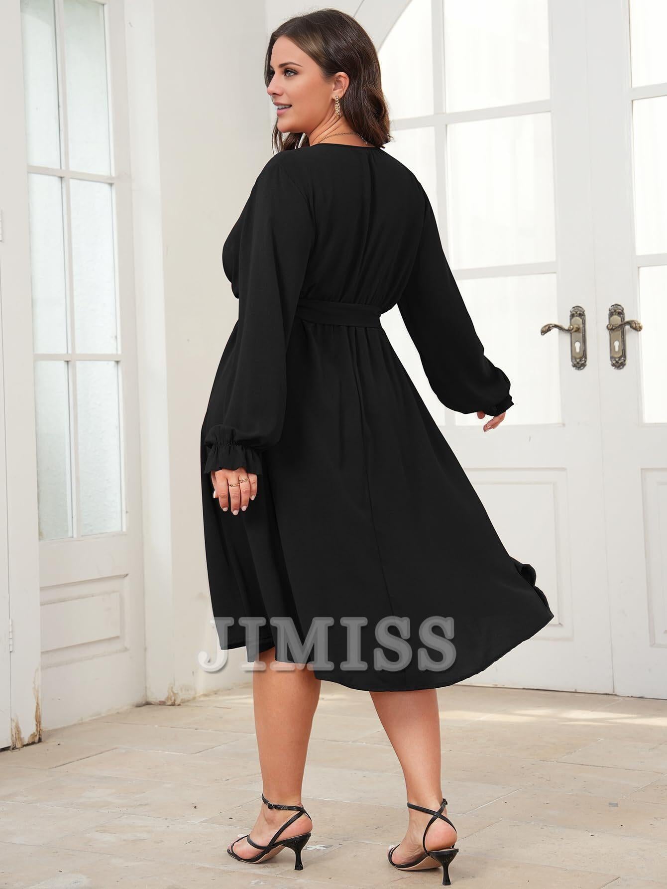 Vestido de noche de talla grande, vestido de largo medio de invierno, manga larga, cruzado, escote en V, cinturón, vestido de fiesta fluido de corte A