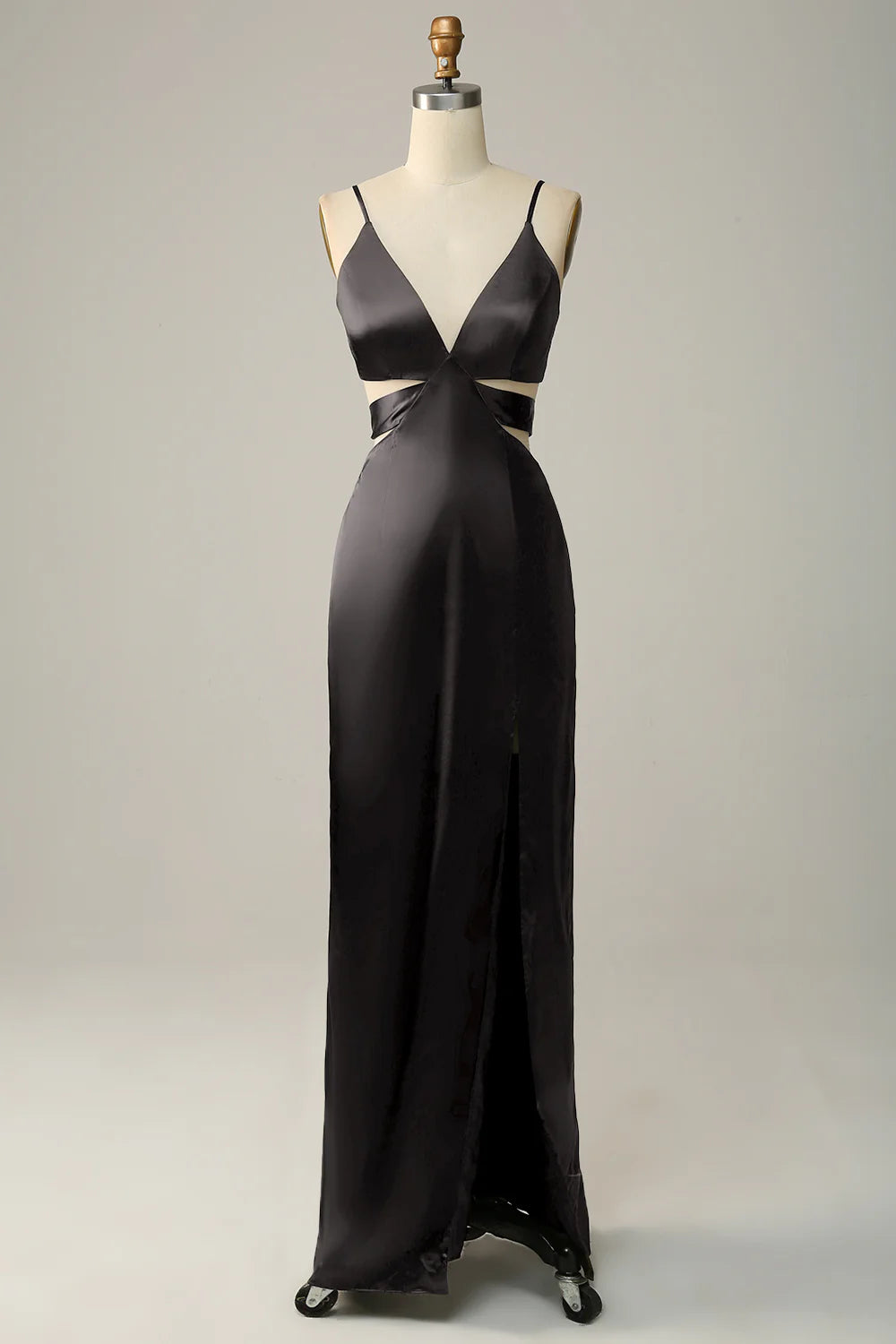 Vestido de dama de honor con escote en V y tirantes finos en eucalipto