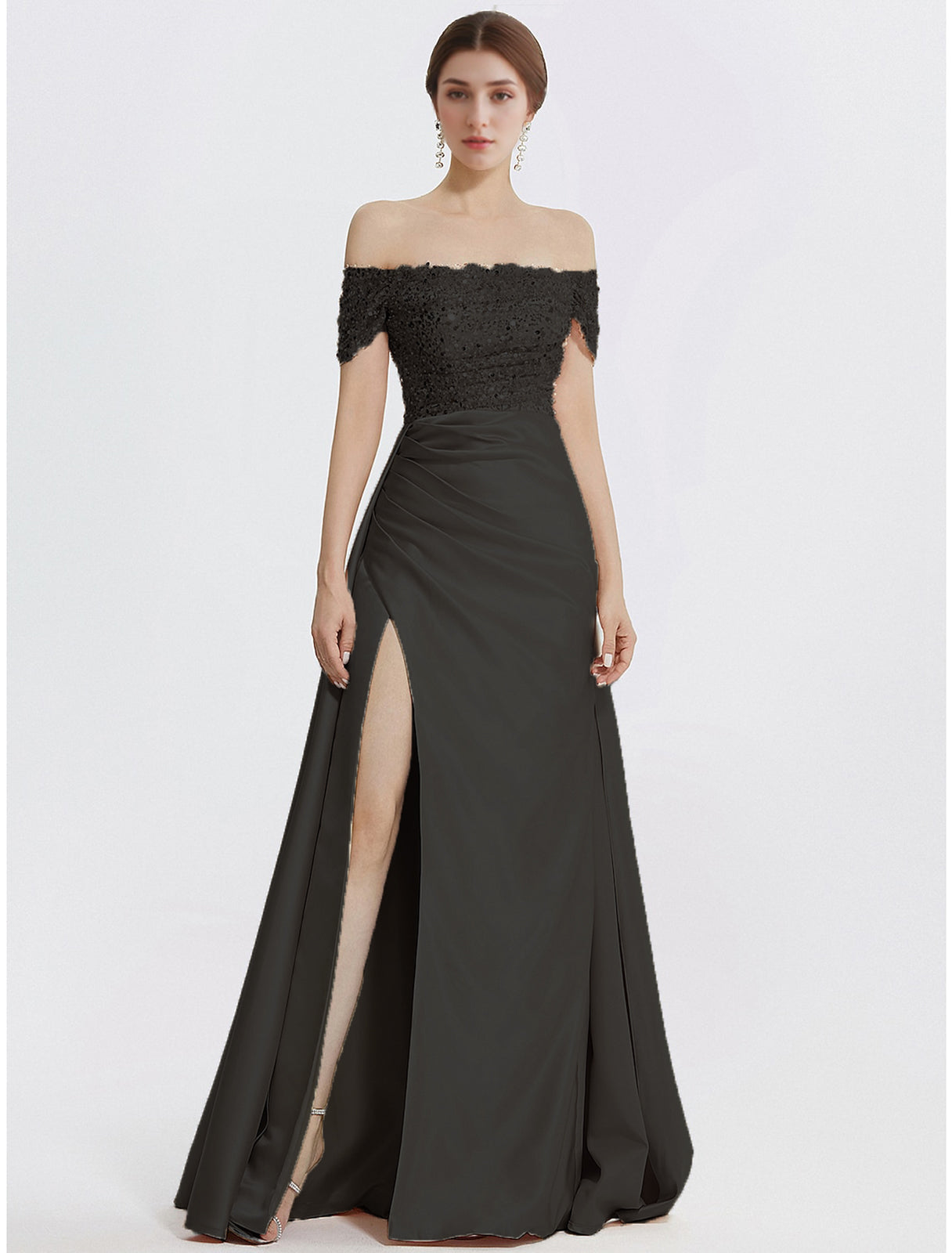 Sheath Column Evening Gown Elegant Dress Formal Floor Length Short Sleeve Off Shoulder Sequined with Glitter Pleats Slit