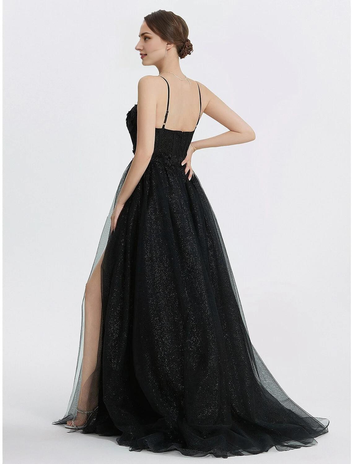 Black Sweetheart A-Line Floor-Length Evening Dress with Lace Bodice & High Slit