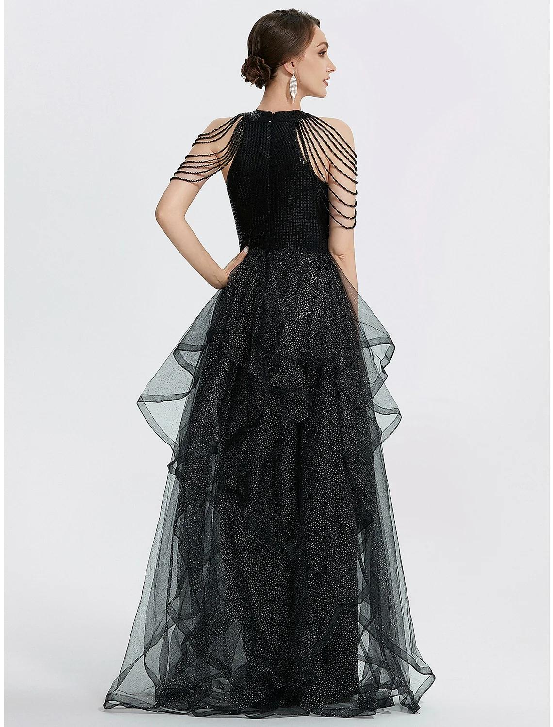 Mermaid Trumpet Prom Dresses Black Dress Dress Quinceanera Floor Length Short Sleeve Jewel Neck Tulle with Beading