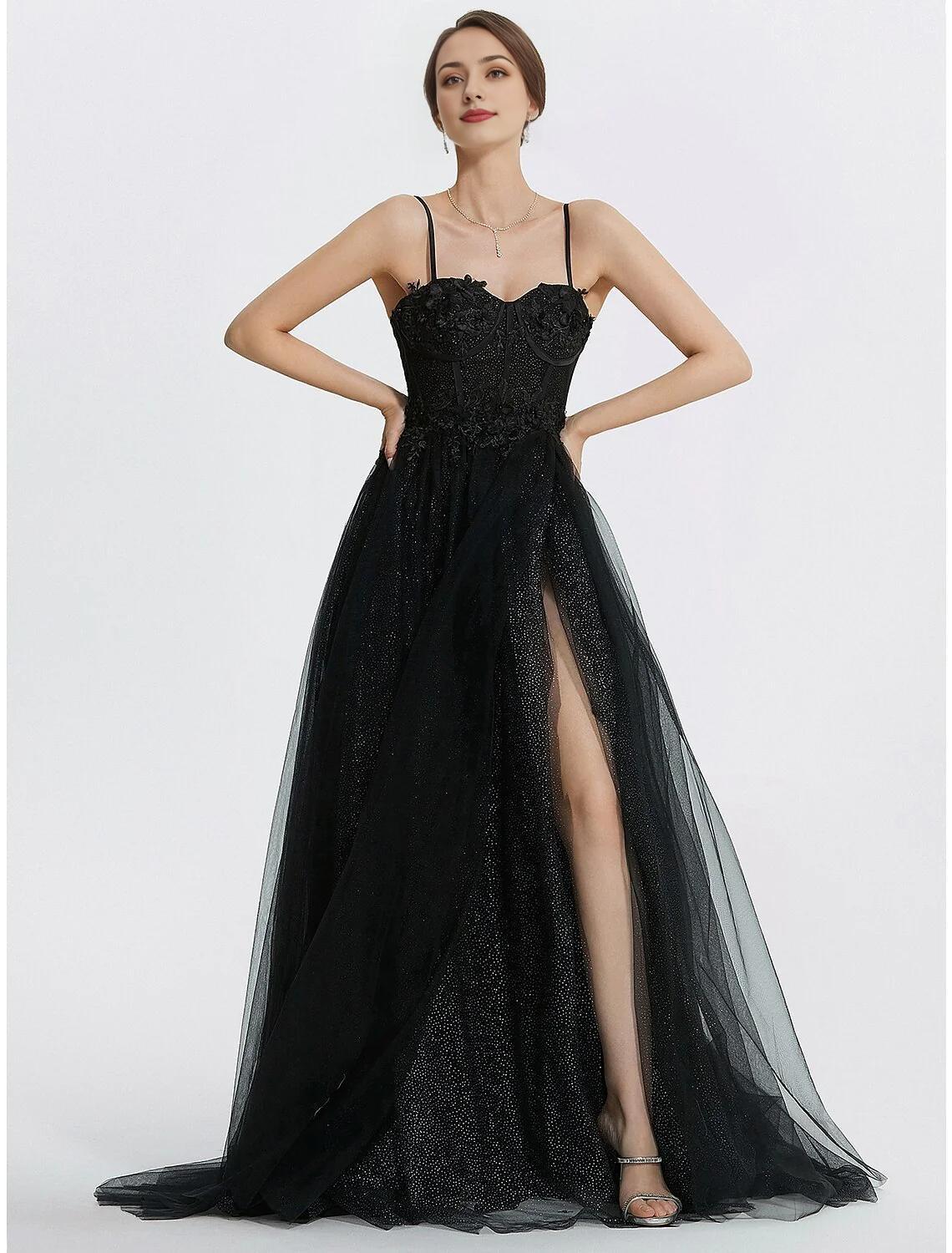 Black Sweetheart A-Line Floor-Length Evening Dress with Lace Bodice & High Slit