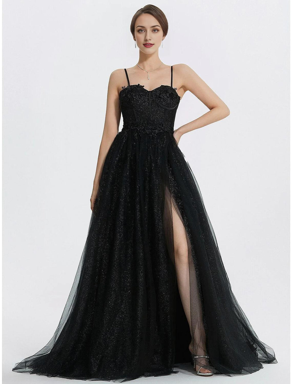 Vestidos de fiesta de corte A, brillantes, largos hasta el suelo, sin mangas, escote corazón, de tul con apliques