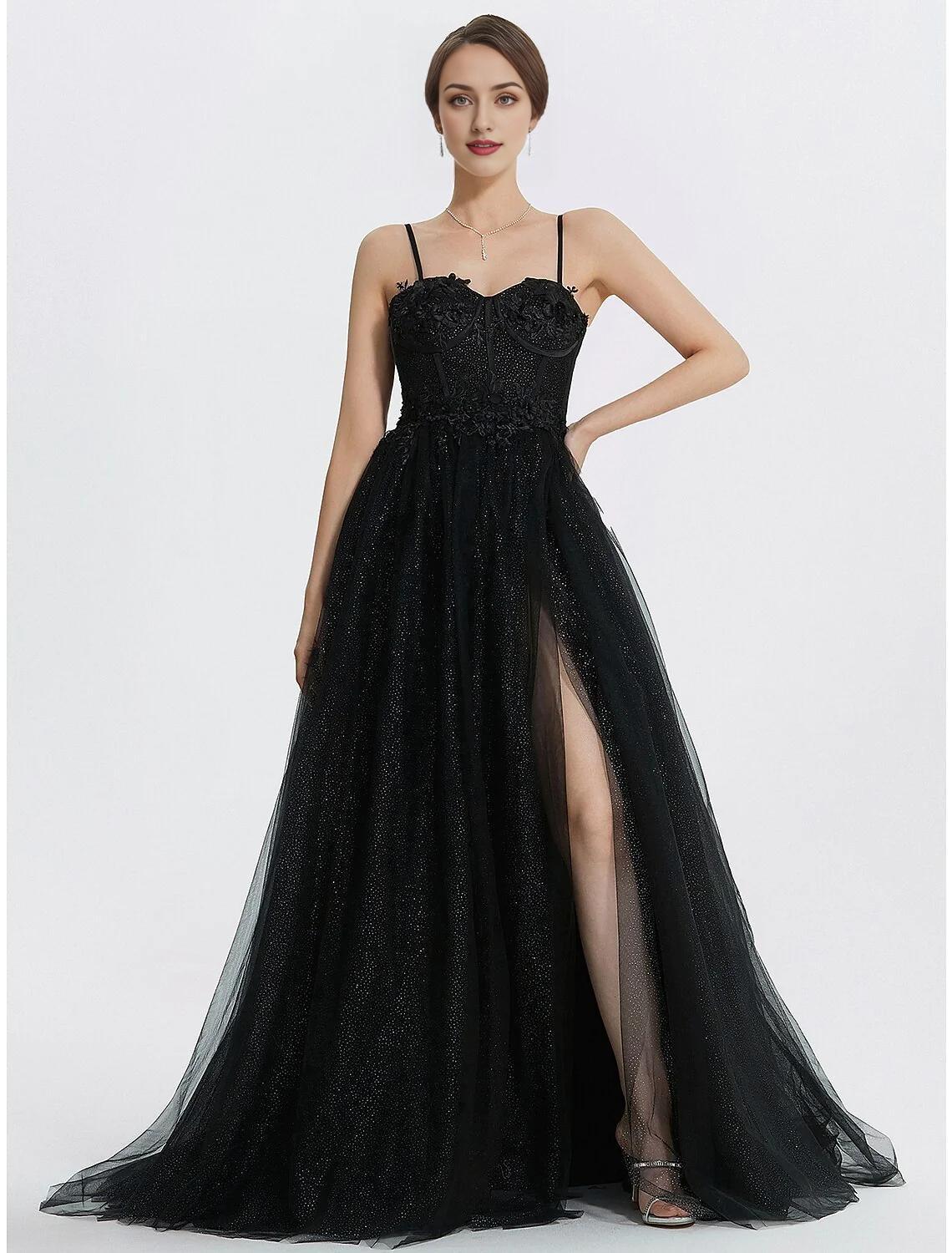 Black Sweetheart A-Line Floor-Length Evening Dress with Lace Bodice & High Slit