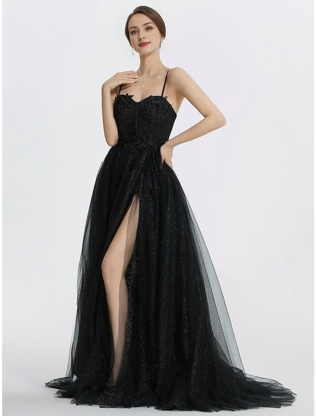 Vestidos de fiesta de corte A, brillantes, largos hasta el suelo, sin mangas, escote corazón, de tul con apliques