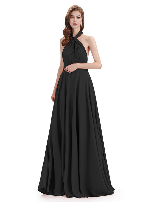 Vestidos de dama de honor sencillos de corte A, cuello alto, halter, sin mangas, plisados, de gasa, hasta el suelo