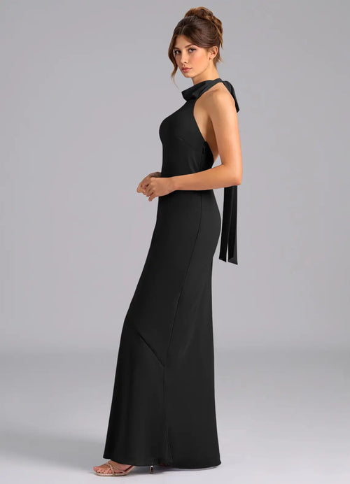 Black Crepe Halter Floor-Length Dress with Tie Back