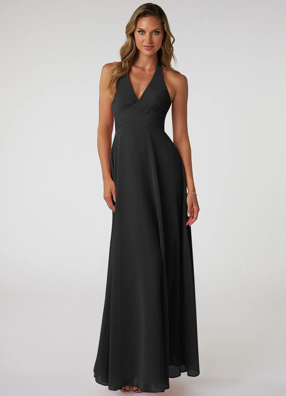 Black Chiffon A-Line Floor-Length Bridesmaid Dress | Halter Neckline, Backless, Ruched Bodice