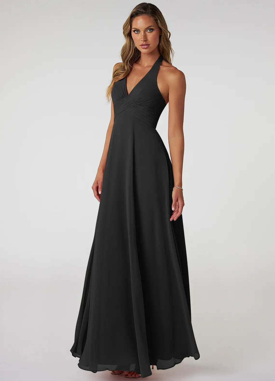 Black Chiffon A-Line Floor-Length Bridesmaid Dress | Halter Neckline, Backless, Ruched Bodice