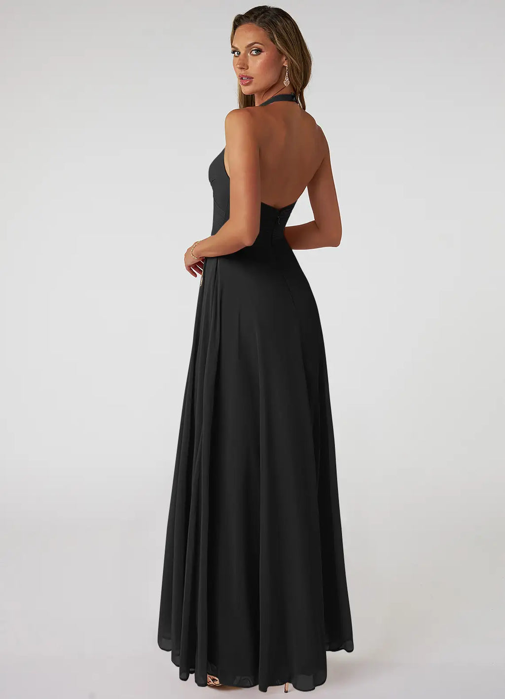 Black Chiffon A-Line Floor-Length Bridesmaid Dress | Halter Neckline, Backless, Ruched Bodice
