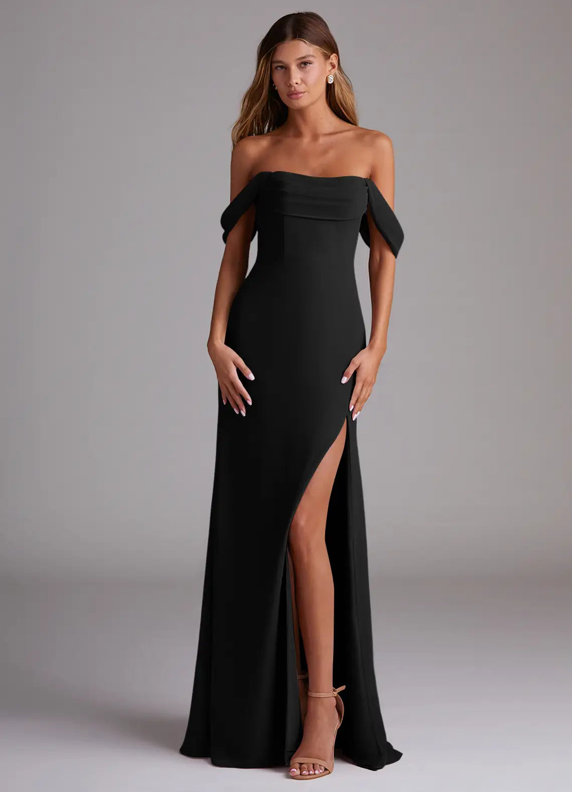 Black Crepe Off-the-Shoulder Floor-Length Sheath/column Dress with High Slit