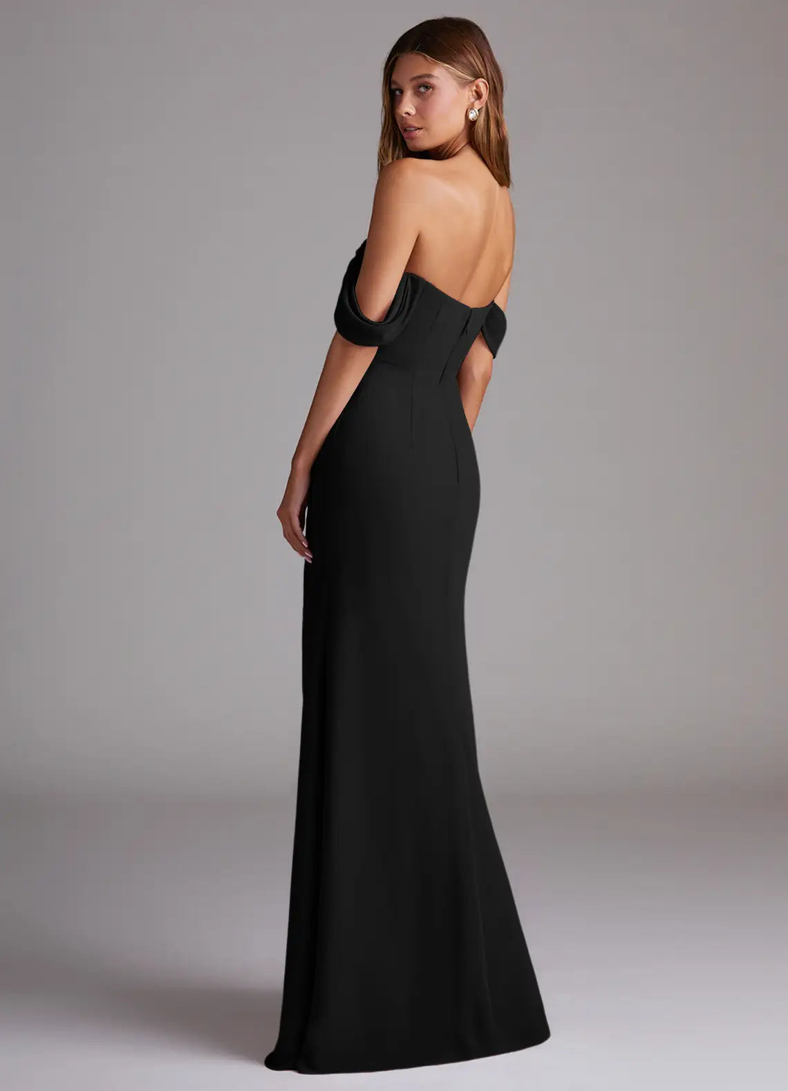 Black Crepe Off-the-Shoulder Floor-Length Sheath/column Dress with High Slit