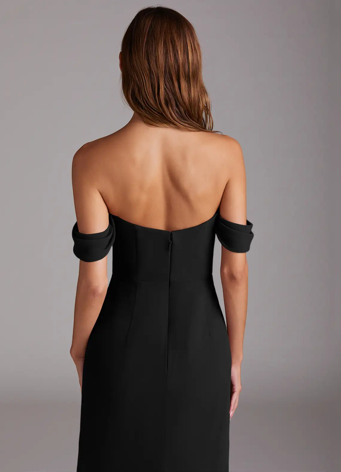 Black Crepe Off-the-Shoulder Floor-Length Sheath/column Dress with High Slit