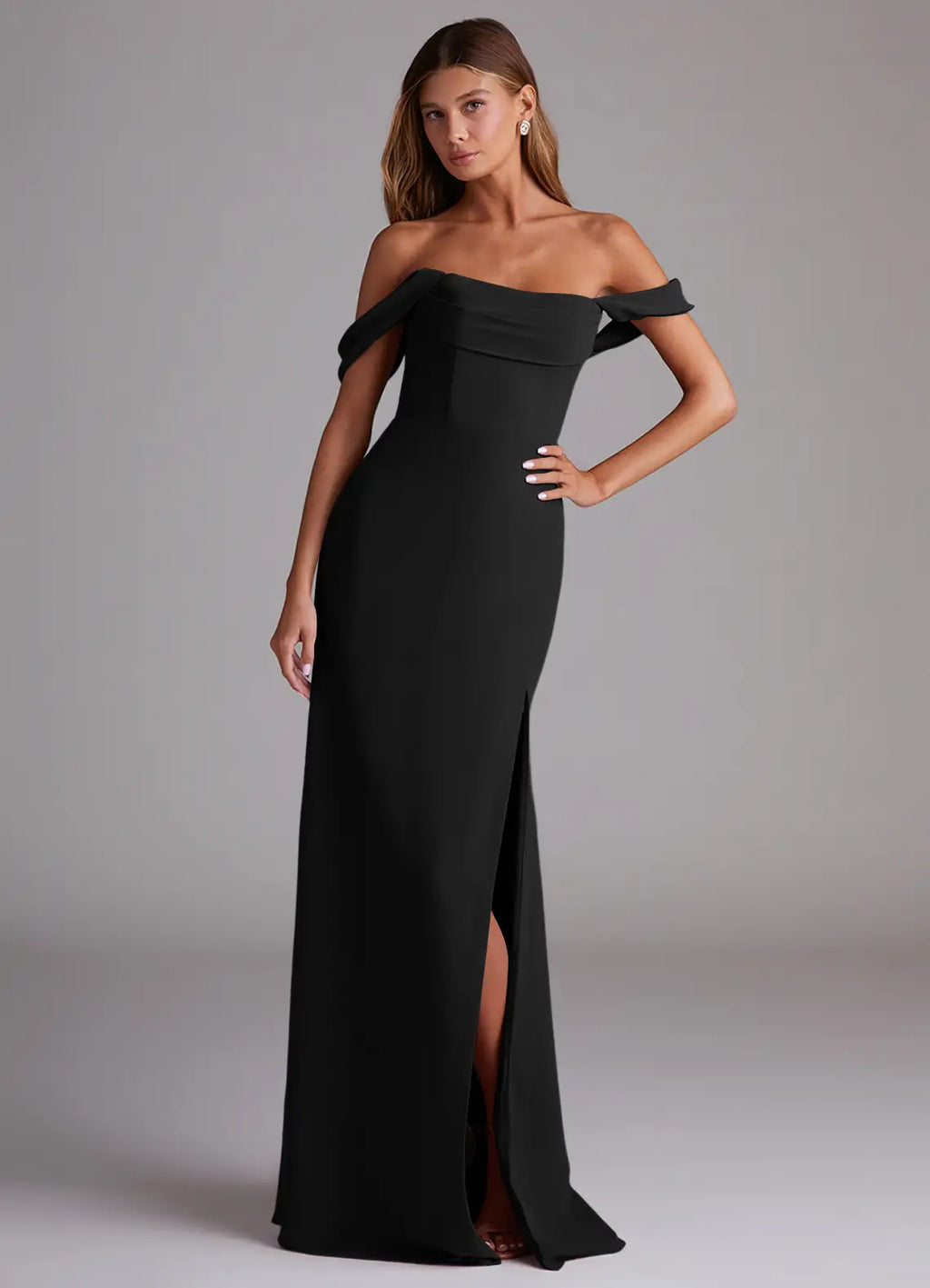 Black Crepe Off-the-Shoulder Floor-Length Sheath/column Dress with High Slit