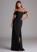 Black Crepe Off-the-Shoulder Floor-Length Sheath/column Dress with High Slit