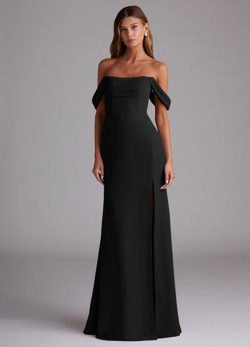 Black Crepe Off-the-Shoulder Floor-Length Sheath/column Dress with High Slit