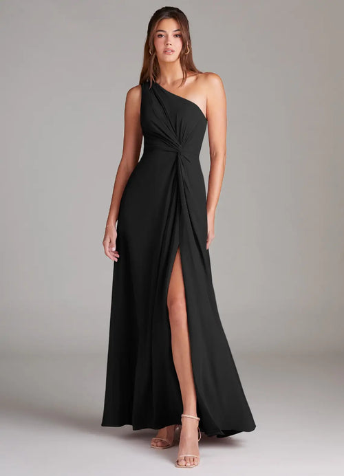 Black Chiffon A-Line Floor-Length Dress with One Shoulder Neckline, Twisted Bodice & High Slit