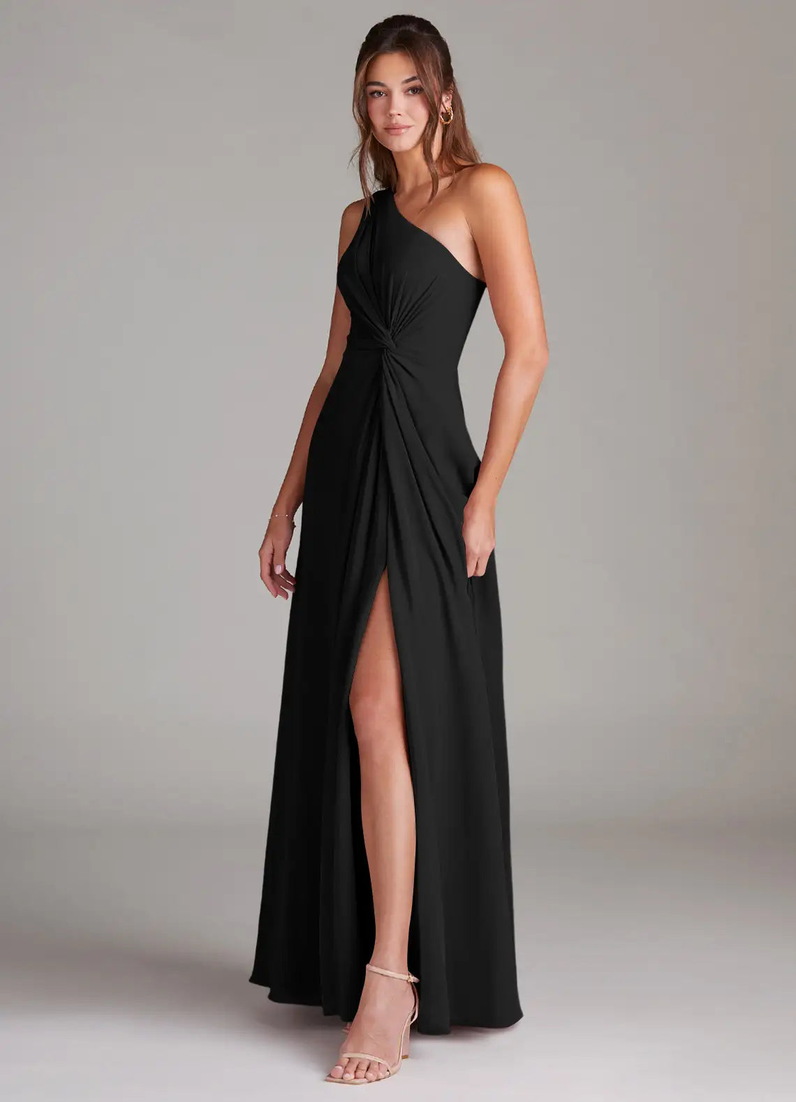 Black Chiffon A-Line Floor-Length Dress with One Shoulder Neckline, Twisted Bodice & High Slit
