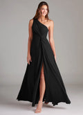 Black Chiffon A-Line Floor-Length Dress with One Shoulder Neckline, Twisted Bodice & High Slit