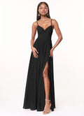 Black Chiffon A-Line Floor-Length Dress with Sweetheart Neckline, Twisted Bodice & High Slit