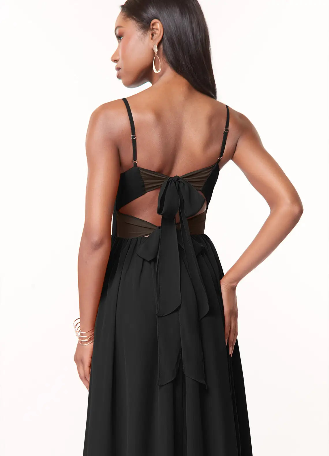 Black Chiffon A-Line Floor-Length Dress with Sweetheart Neckline, Twisted Bodice & High Slit