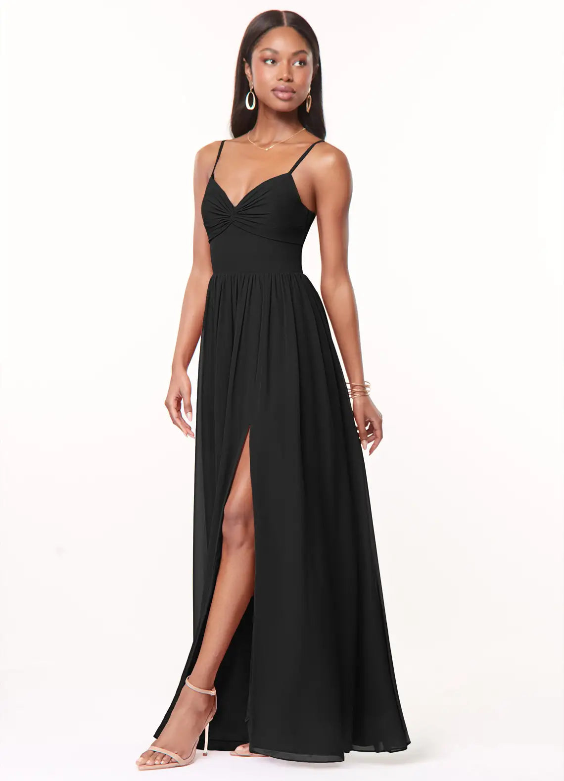 Black Chiffon A-Line Floor-Length Dress with Sweetheart Neckline, Twisted Bodice & High Slit