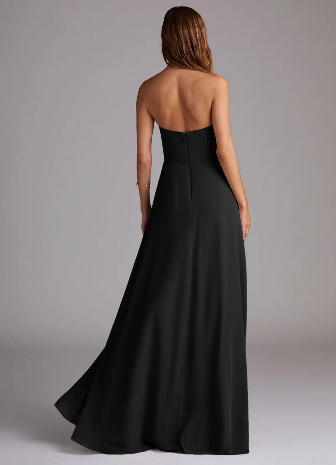 Black Crepe A-Line Floor-Length Dress with Strapless Bodice and High Slit