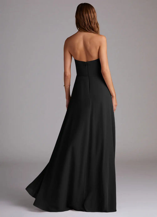 Black Crepe A-Line Floor-Length Dress with Strapless Bodice and High Slit