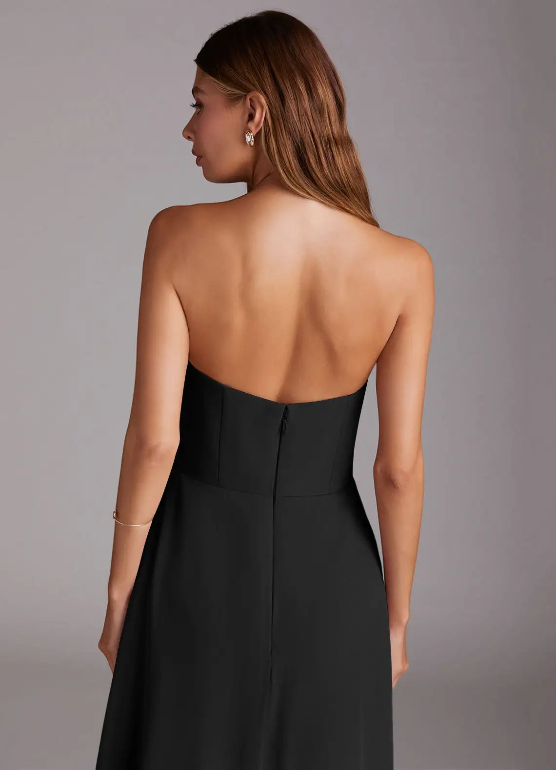 Black Crepe A-Line Floor-Length Dress with Strapless Bodice and High Slit