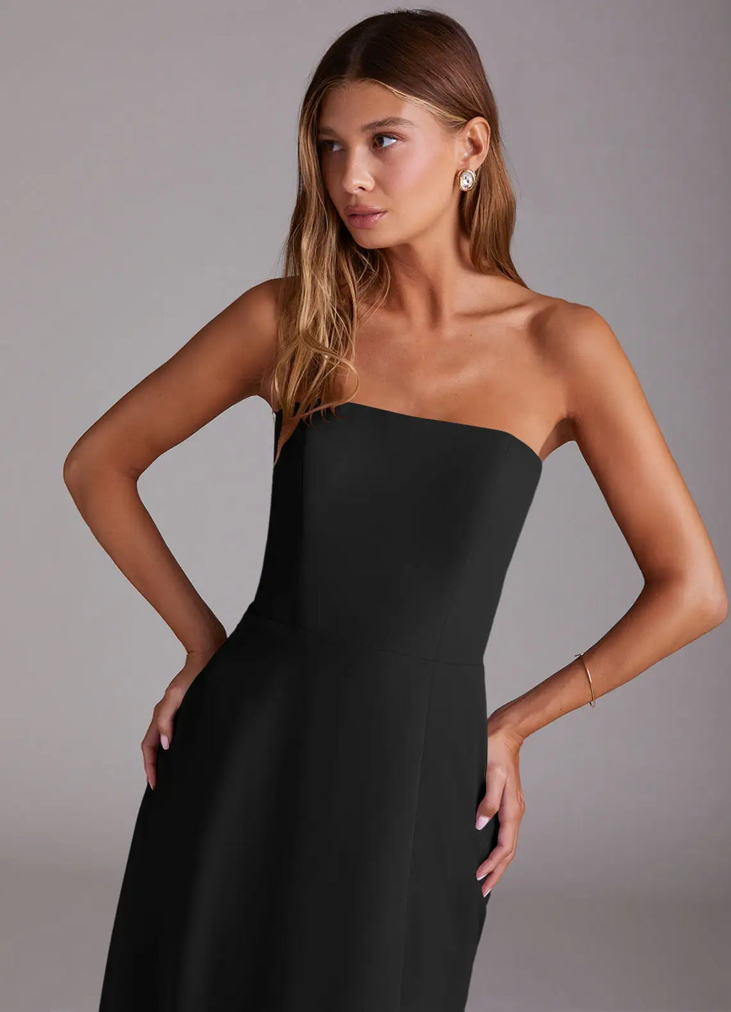 Black Crepe A-Line Floor-Length Dress with Strapless Bodice and High Slit