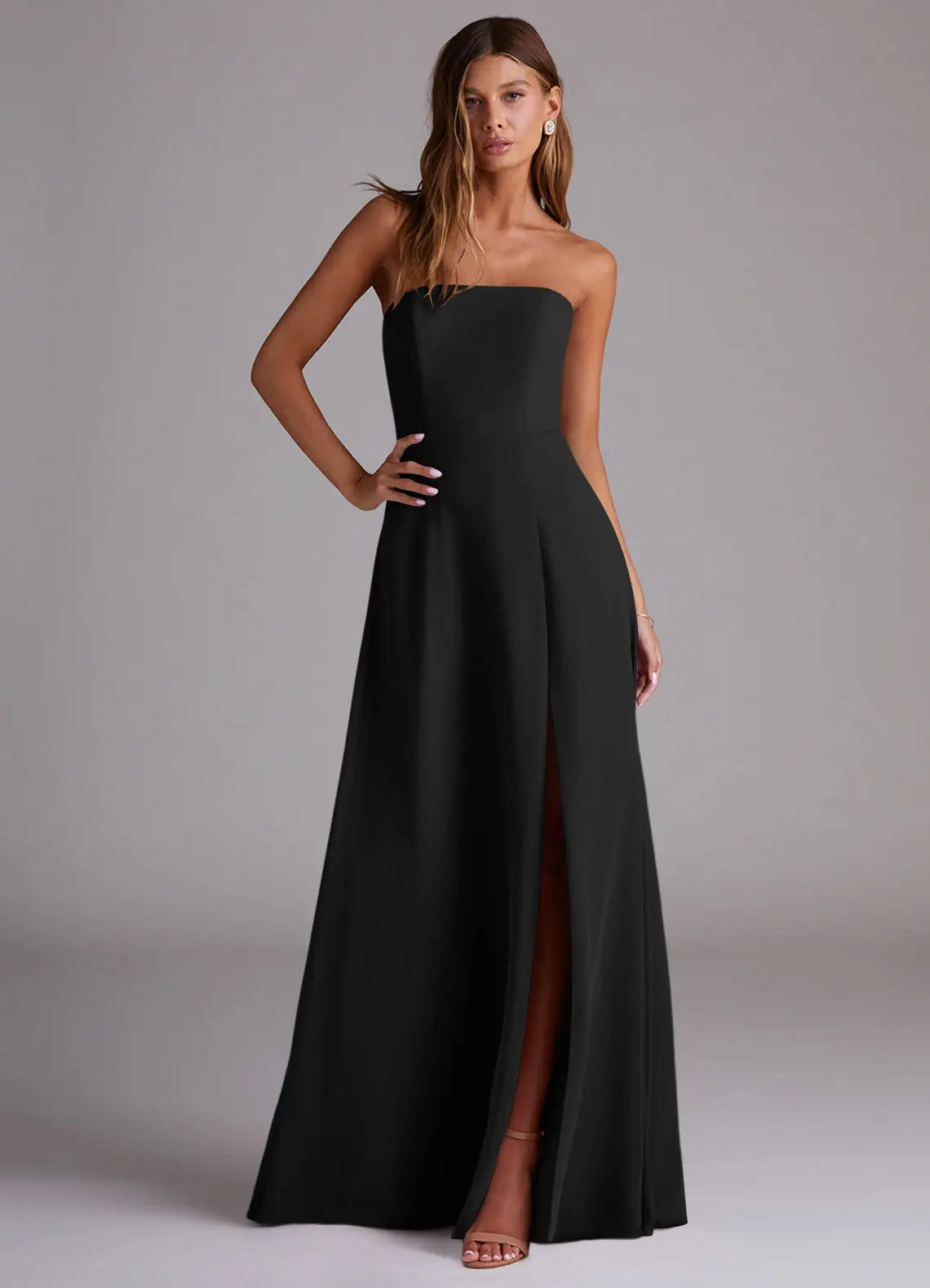 Black Crepe A-Line Floor-Length Dress with Strapless Bodice and High Slit