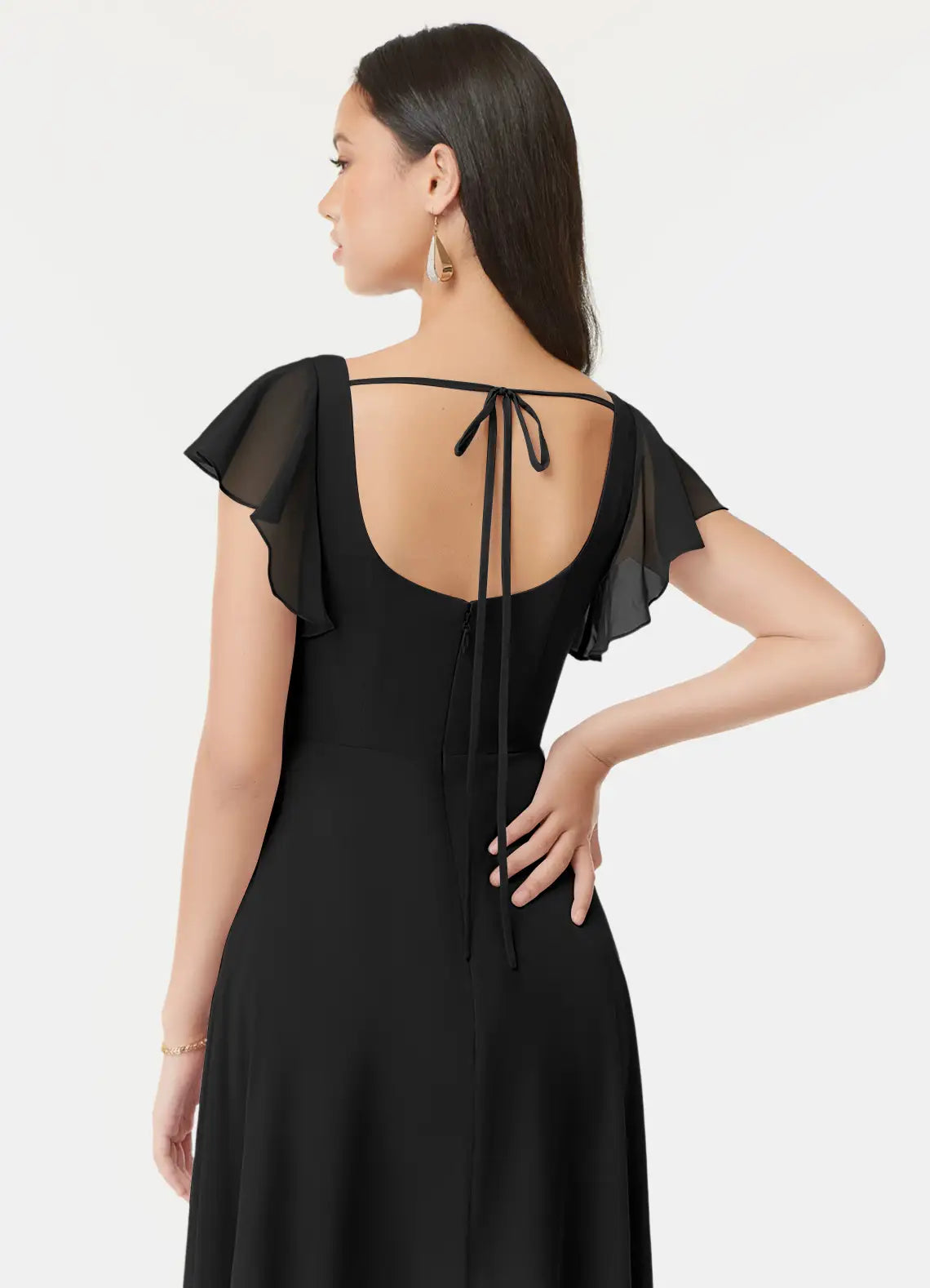 Black Chiffon A-Line Floor-Length Square Neck Dress with Flutter Sleeves & High Slit