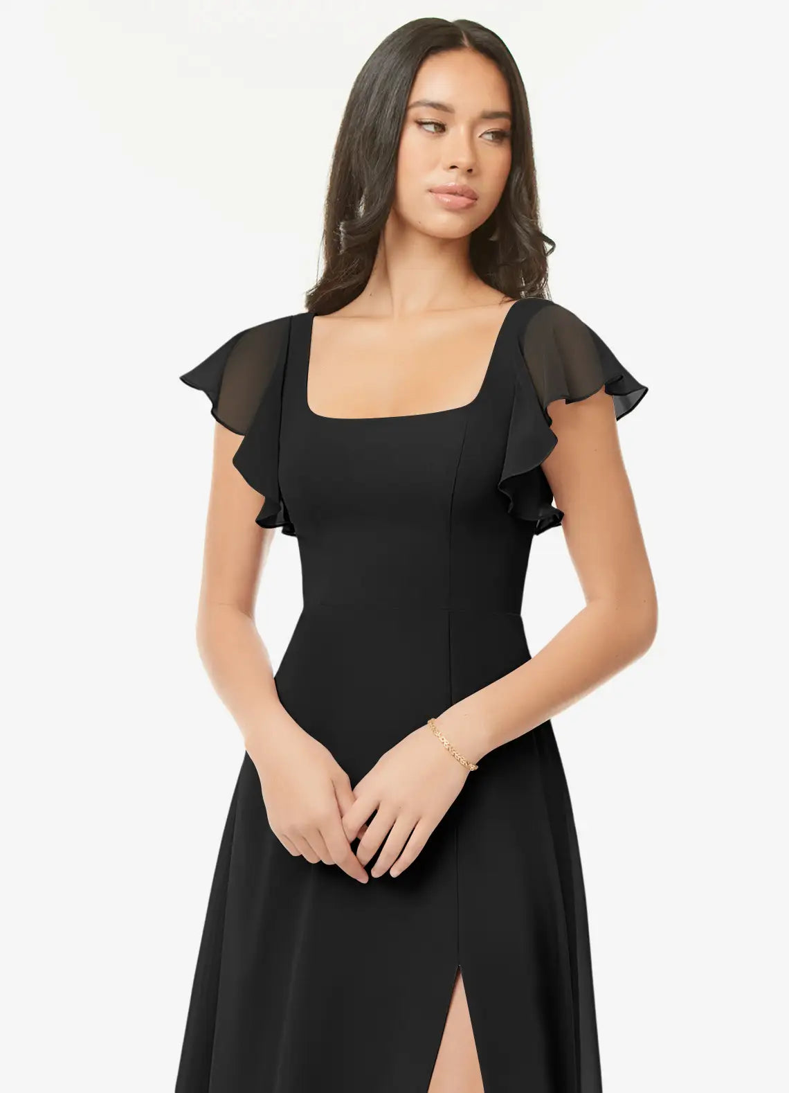 Black Chiffon A-Line Floor-Length Square Neck Dress with Flutter Sleeves & High Slit