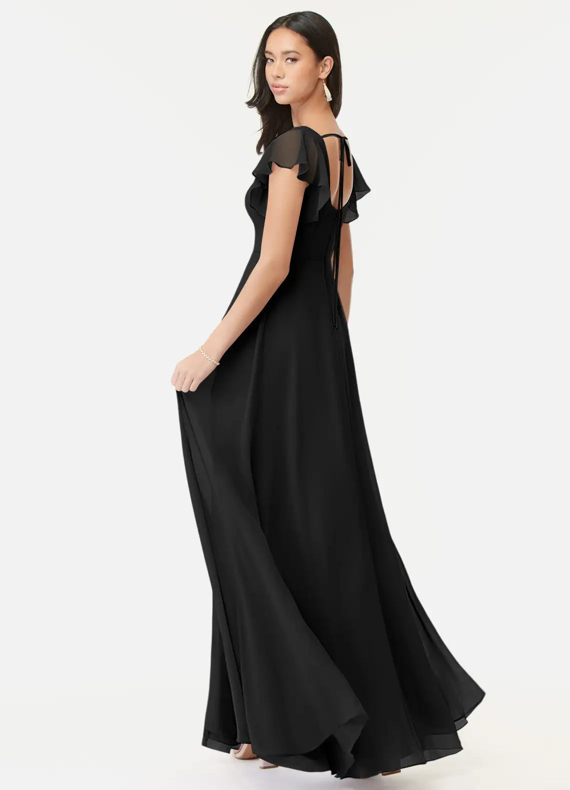 Black Chiffon A-Line Floor-Length Square Neck Dress with Flutter Sleeves & High Slit