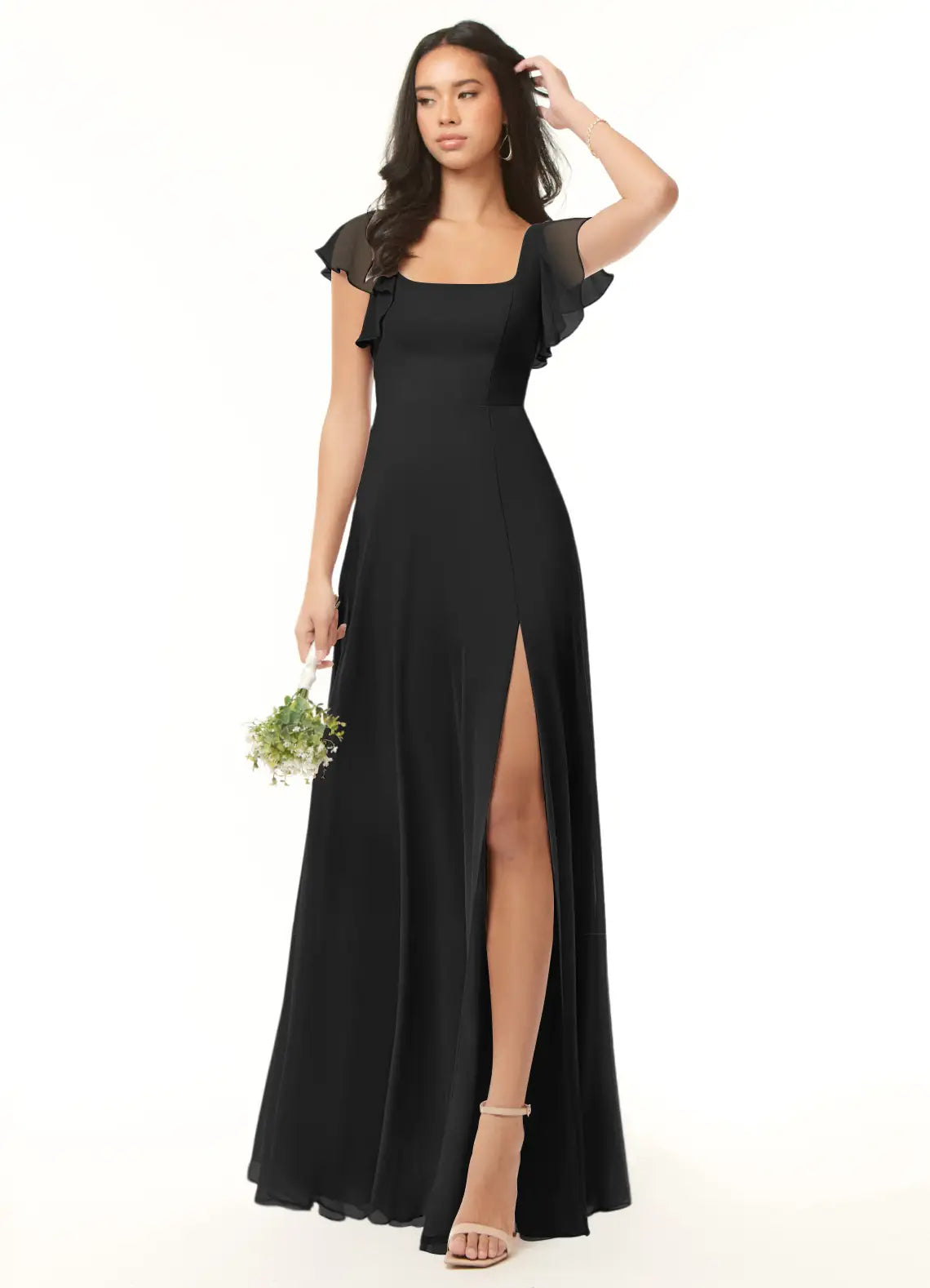 Black Chiffon A-Line Floor-Length Square Neck Dress with Flutter Sleeves & High Slit