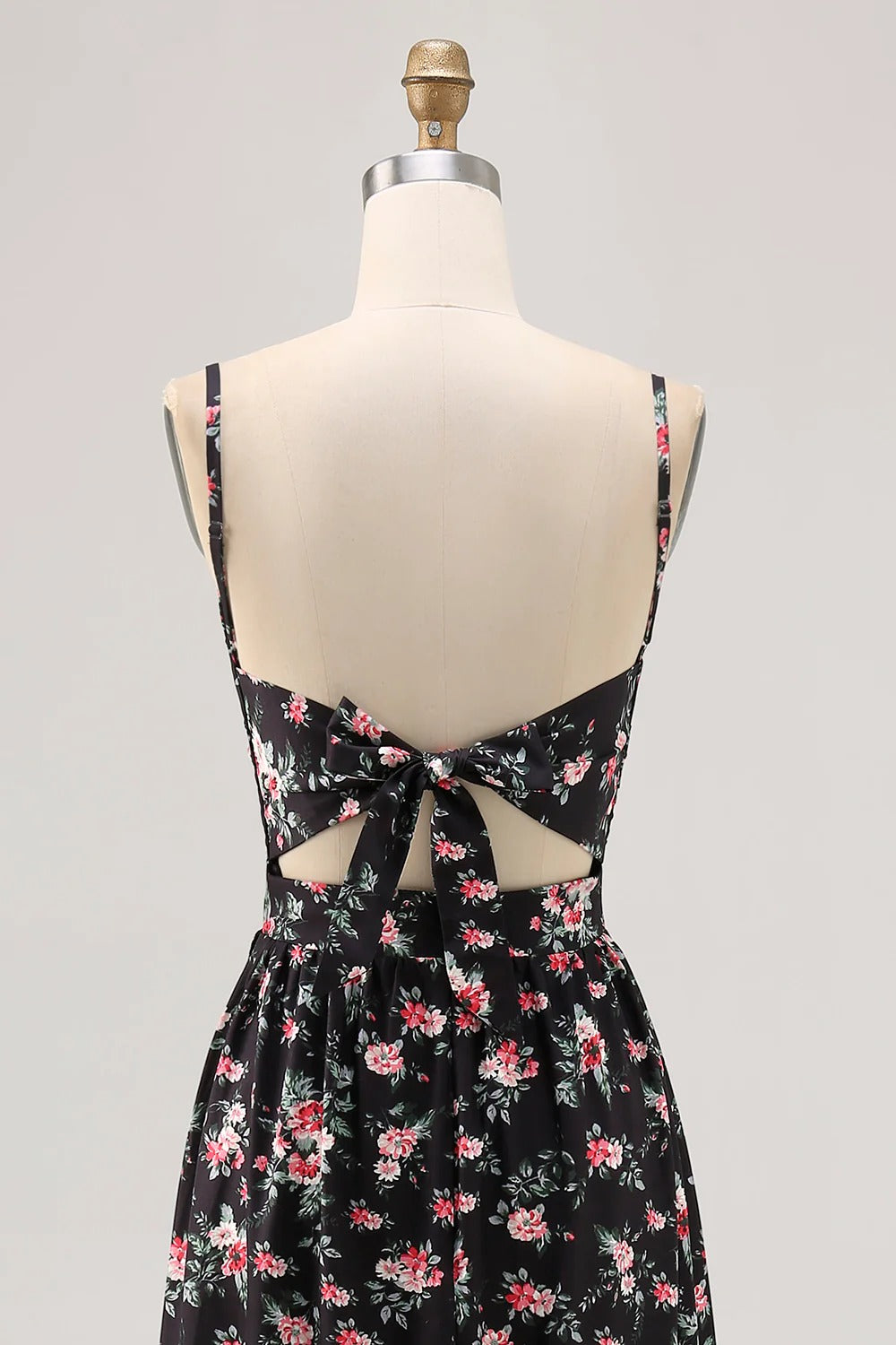 Black Floral Cutout Maxi Dress – Spaghetti Strap Twist Front Tie-Back Formal Gown