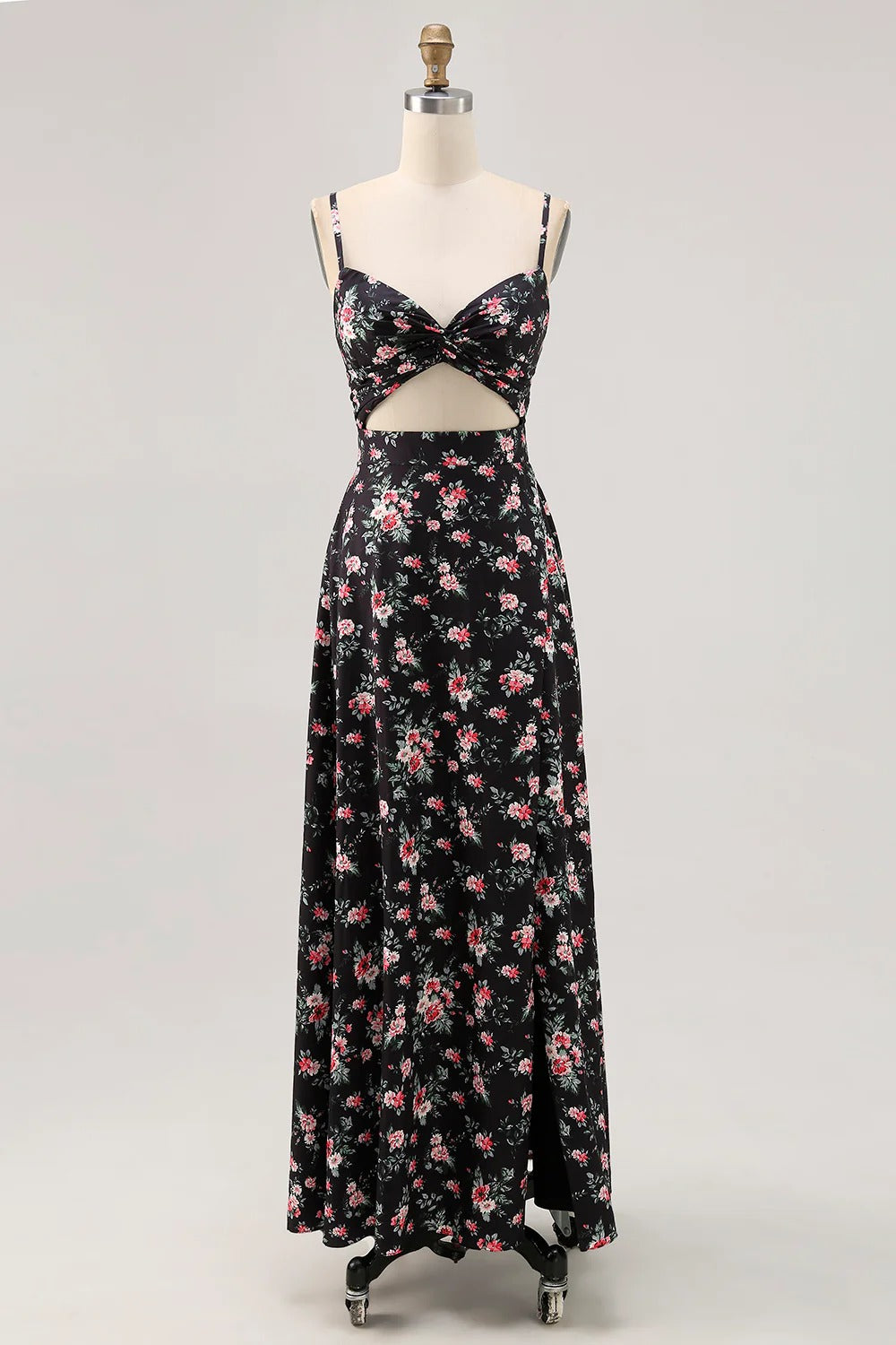Black Floral Cutout Maxi Dress – Spaghetti Strap Twist Front Tie-Back Formal Gown