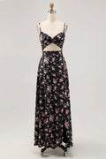Black Chiffon A-Line Floor-Length with Twisted Bodice & Midriff Cut-Out