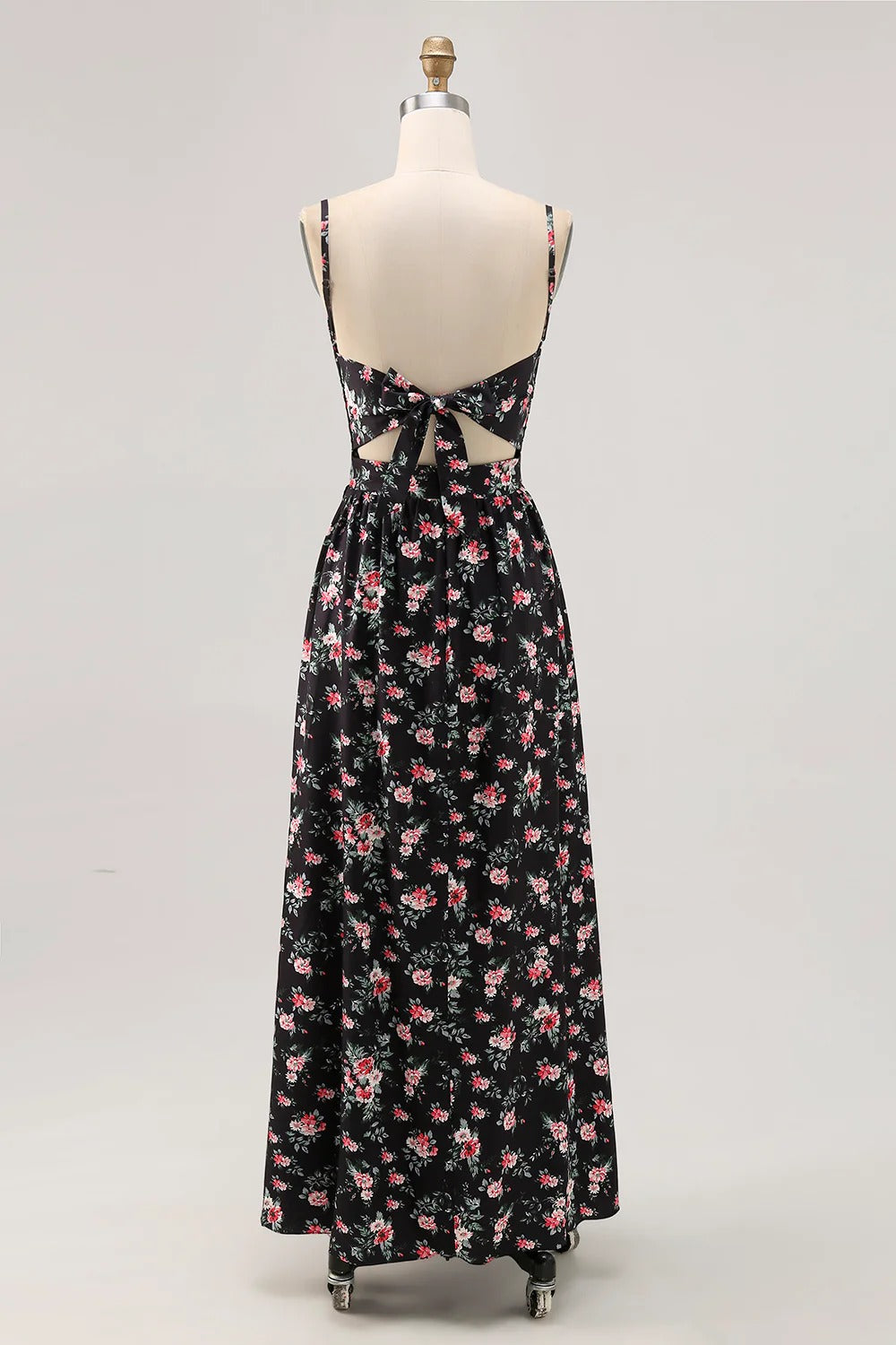 Black Floral Cutout Maxi Dress – Spaghetti Strap Twist Front Tie-Back Formal Gown