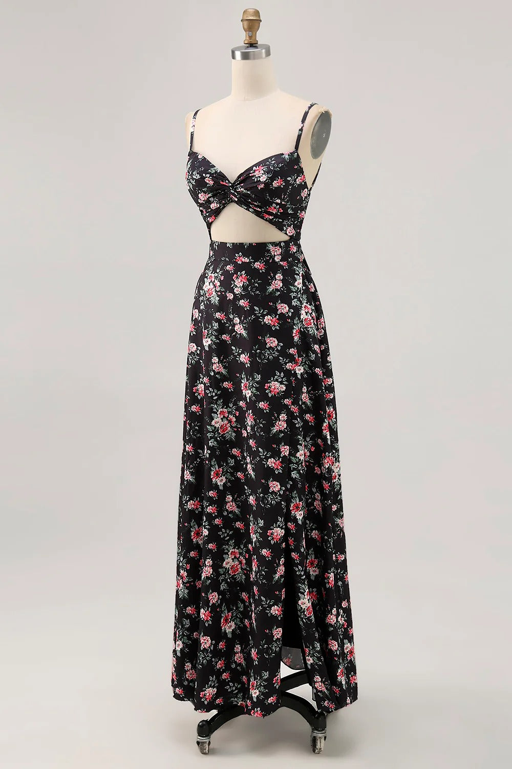Black Floral Cutout Maxi Dress – Spaghetti Strap Twist Front Tie-Back Formal Gown