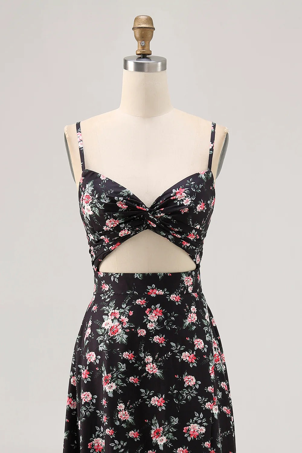 Black Floral Cutout Maxi Dress – Spaghetti Strap Twist Front Tie-Back Formal Gown