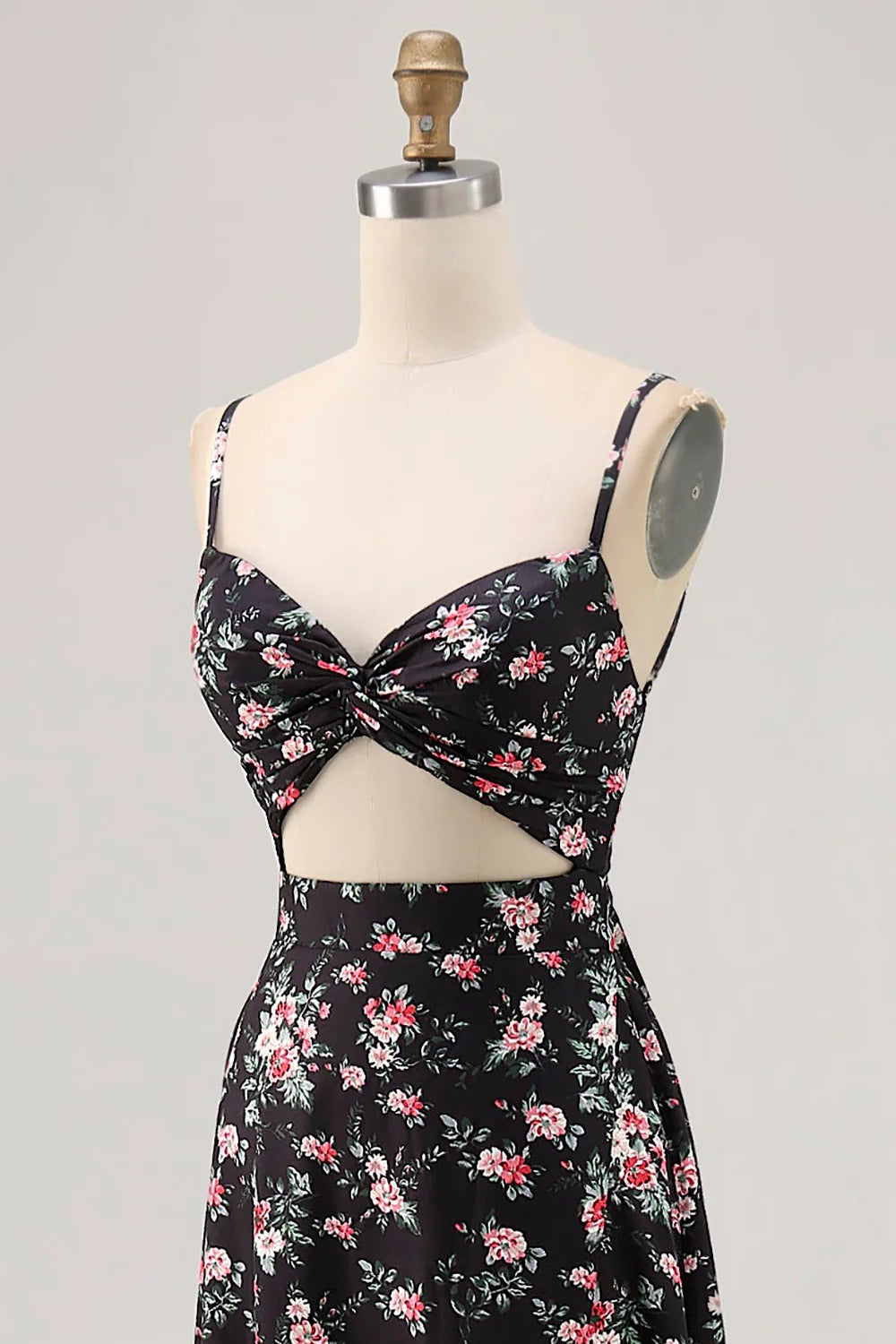 Black Floral Cutout Maxi Dress – Spaghetti Strap Twist Front Tie-Back Formal Gown