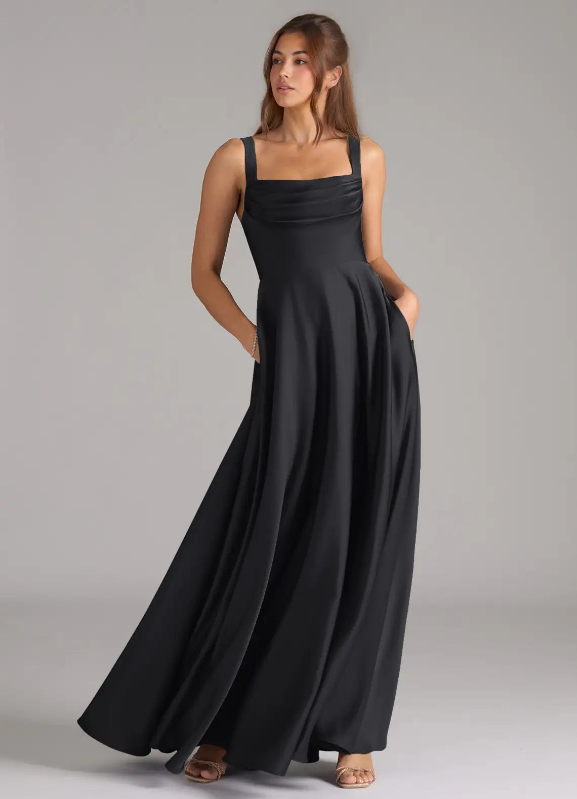 Black Chiffon A-Line Square Neck Floor-Length Bridesmaid Dress
